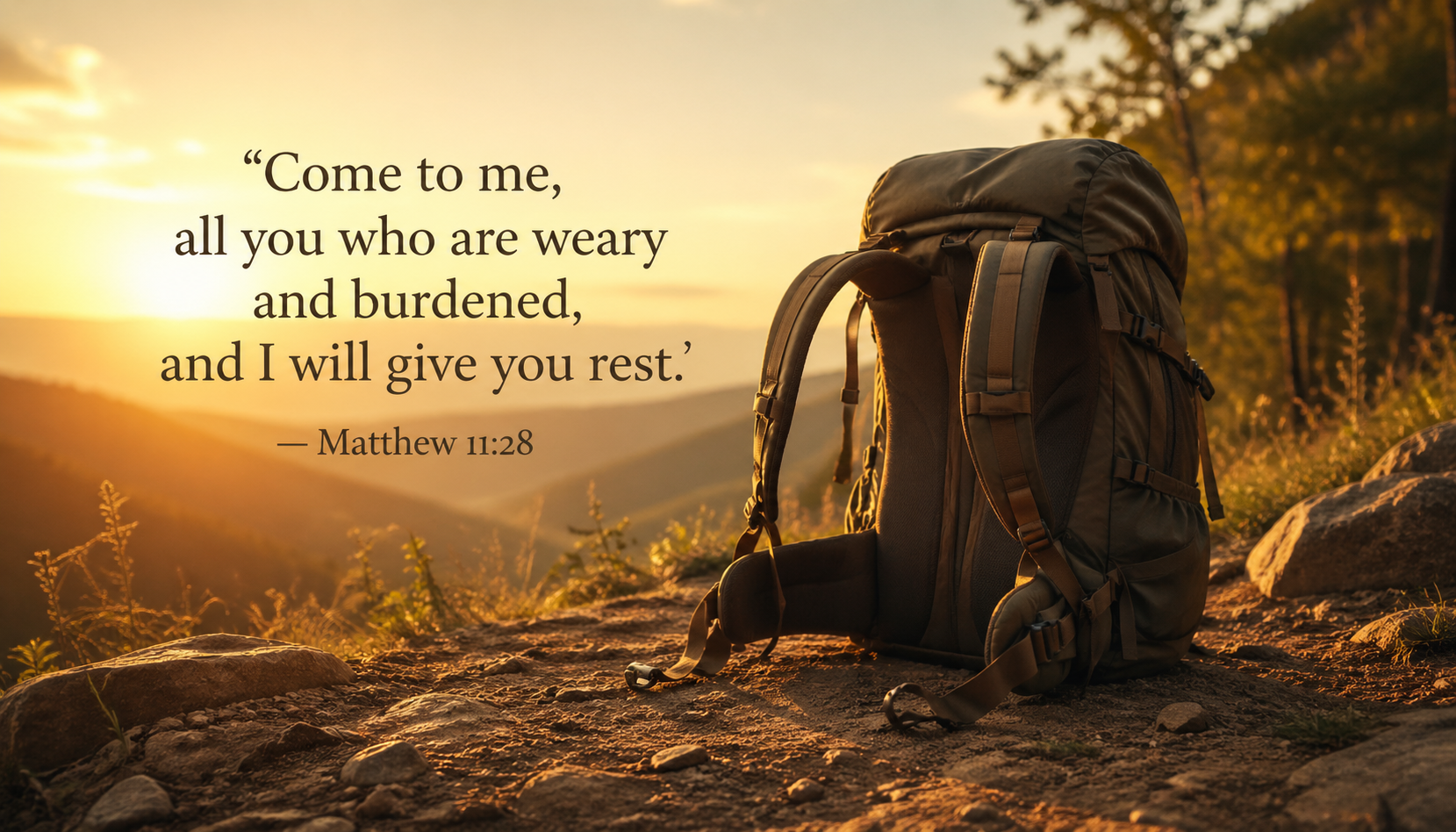Heavy backpack dropped on ground with shoulder straps still holding shape, trail dirt, golden hour light, text Come to me all you who are weary and burdened and I will give you rest Matthew 11:28 -- HD wallpaper